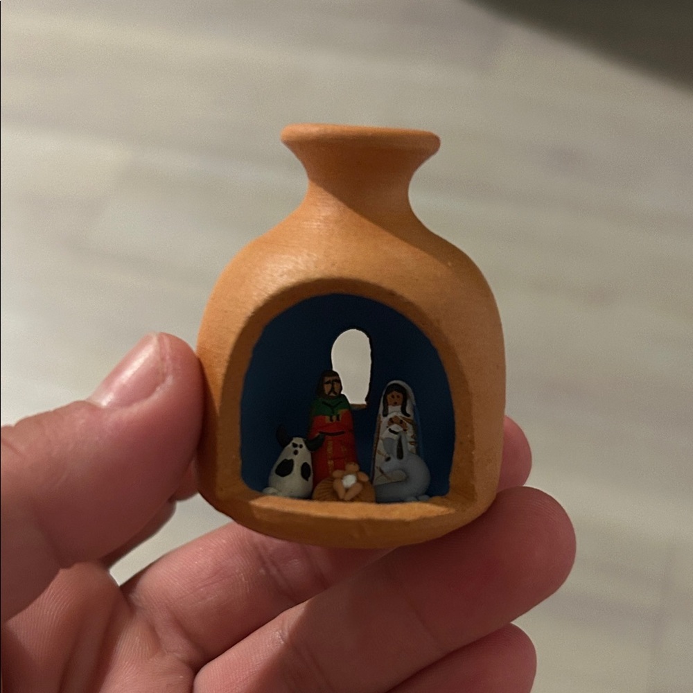 Miniature Nativity Scene in Clay Pot